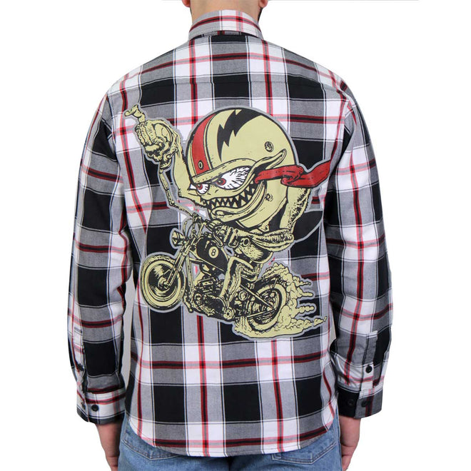Hot Leathers Bobber Monster flannel long sleeve shirt for men, featuring a bold graphic design on soft textile fabric.
