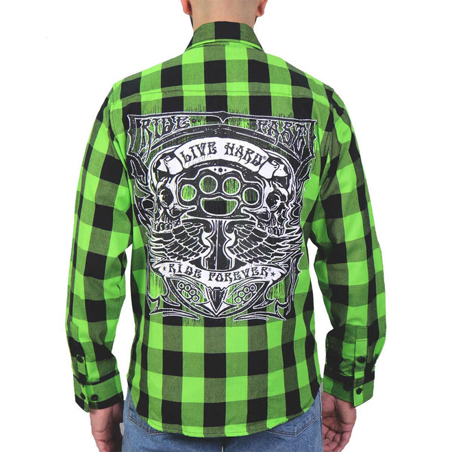 Hot Leathers men's Brass Knuckles flannel long sleeve shirt with a bold print, featuring a classic button-up design and rugged style.