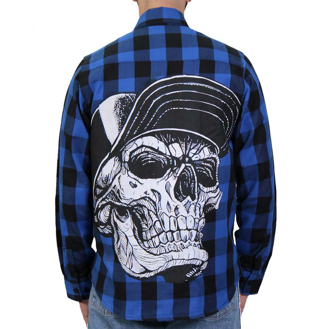 Men's Hot Leathers Snap Back Skull flannel long sleeve shirt with button-down front and skull graphic design.