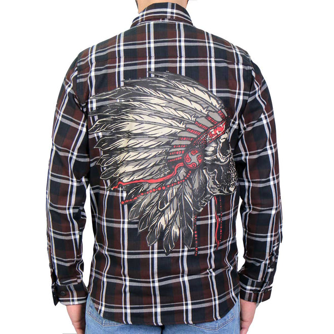 Men's Hot Leathers Headdress flannel long sleeve shirt with a bold headdress graphic on soft textile fabric.