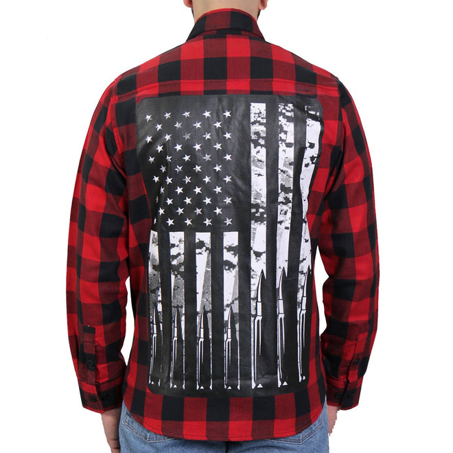 Hot Leathers men's Bullets flannel long sleeve shirt featuring a classic plaid pattern and button-up design.