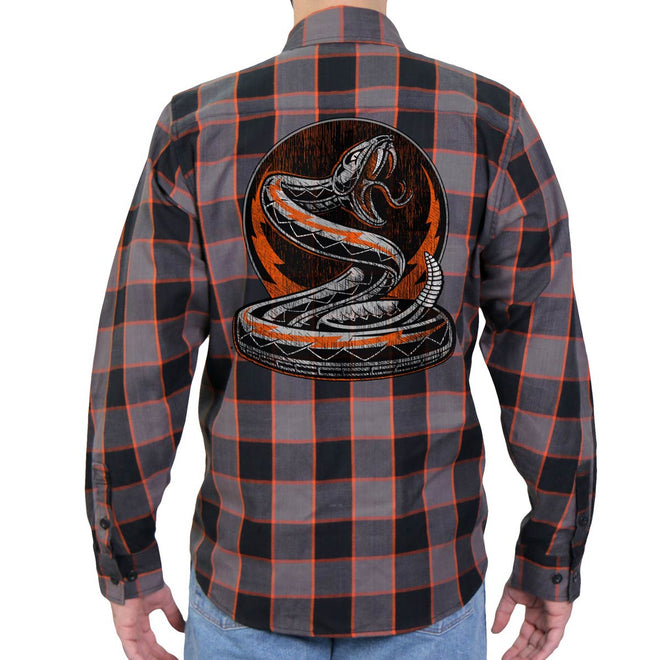 Men's Hot Leathers Rattler flannel long sleeve shirt in dark plaid, soft textile clothing with button-up front.
