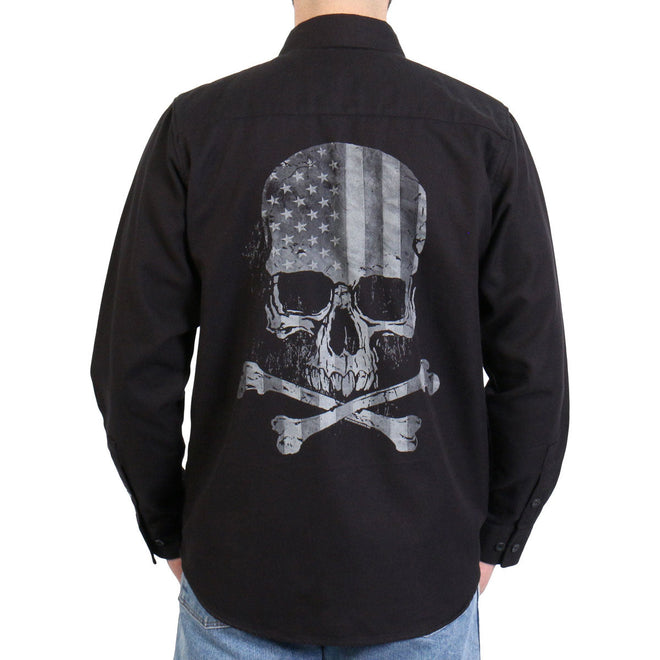 Black Flag Skull long sleeve flannel shirt by Hot Leathers, featuring a bold skull print on soft textile fabric.