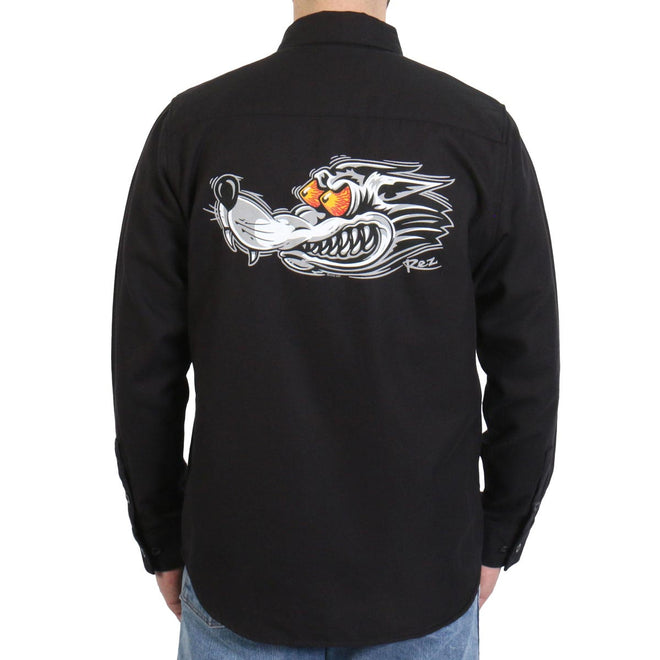 Men's black long sleeve flannel shirt with wolf graphic by Hot Leathers, featuring a casual textile clothing style.