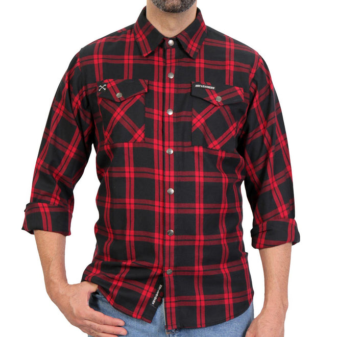 Men's red and black long sleeve flannel shirt by Hot Leathers, showing a close-up of the textile fabric and design details.