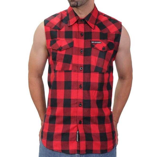 Men's black and red sleeveless cotton flannel shirt by Hot Leathers, featuring a casual textile clothing style.