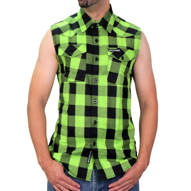 Men’s black and green sleeveless cotton flannel shirt by Hot Leathers, stylish textile clothing with a casual fit.