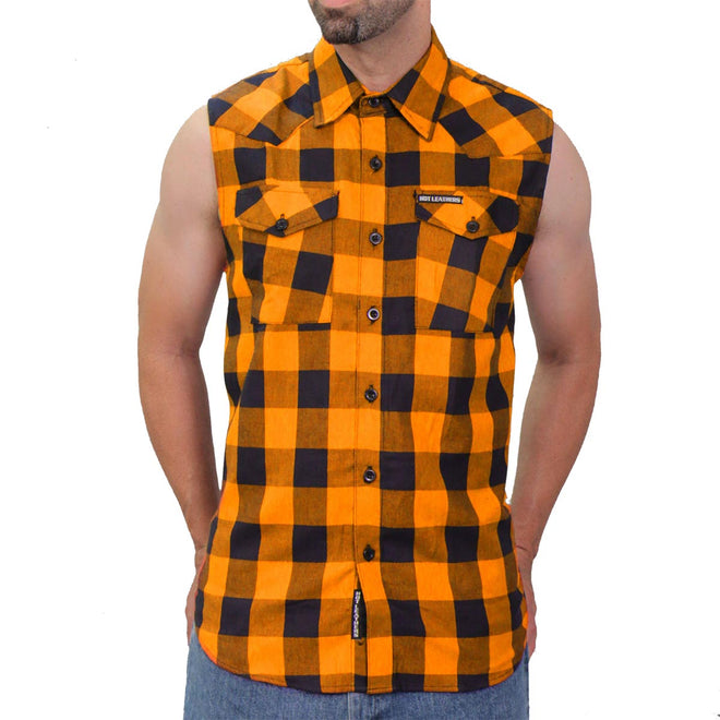 Men’s black and orange sleeveless cotton flannel shirt by Hot Leathers, featuring a classic flannel design and casual style.