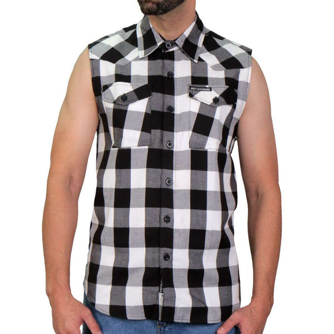 Men’s black and white sleeveless cotton flannel shirt by Hot Leathers, featuring a casual textile clothing style.
