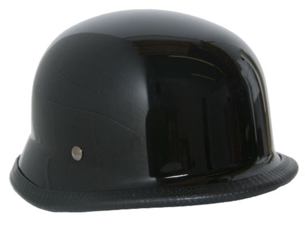 Shiny black German novelty helmet by Dealer Leather with a glossy finish and non-dot design, showcasing its sleek helmet style.