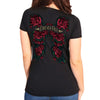 Black rose wing V-neck T-shirt by Hot Leathers, featuring detailed rose wing graphic, designed for ladies.