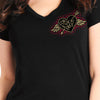 Black V-neck T-shirt for women with rose and wing graphic by Hot Leathers, featuring event-dated design.