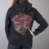 Black Hot Leathers ladies hoodie sweatshirt featuring "Live, Love, Ride" and roses artwork, casual textile clothing for women.