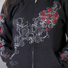 Black Hot Leathers ladies hoodie sweatshirt with "Live, Love, Ride" and roses artwork, featuring long sleeves and a cozy fit.