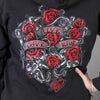 Black Hot Leathers ladies hoodie sweatshirt with "Live, Love, Ride" and rose artwork, casual textile clothing for women.