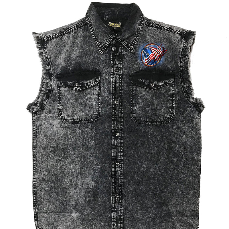 Men's sleeveless denim shirt with eagle design by Hot Leathers, featuring dyed fabric and classic denim styling.