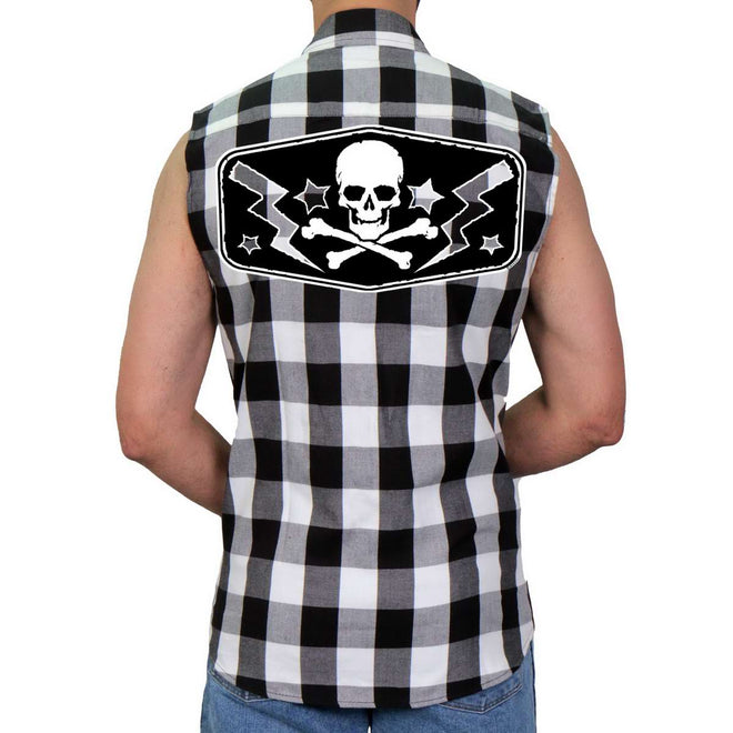 Hot Leathers men's black and white skull sleeveless flannel shirt, casual textile clothing with bold skull design.