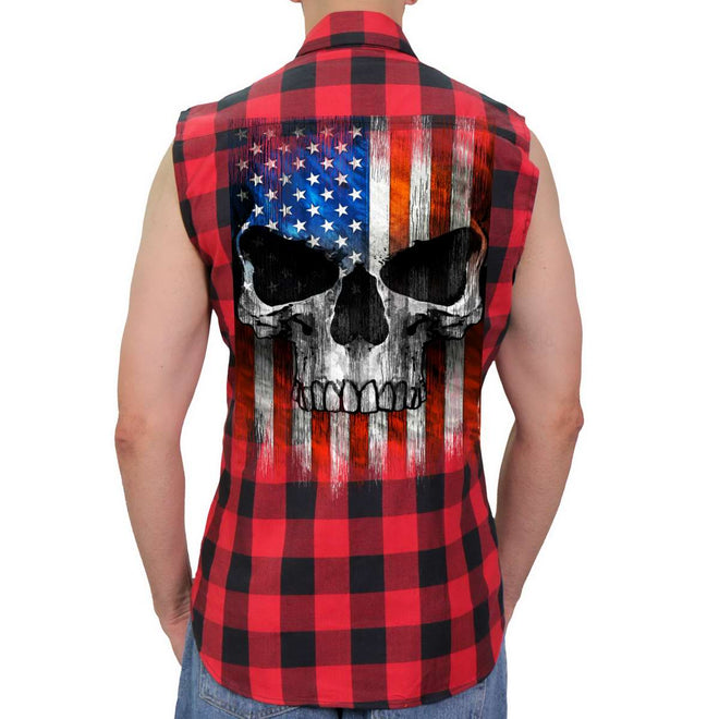 Men's Black and Red Patriot Skull sleeveless flannel shirt by Hot Leathers, featuring bold skull and flag design.