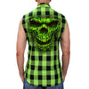 Hot Leathers men's black and green shredder skull sleeveless flannel shirt, casual textile clothing with bold graphic design.