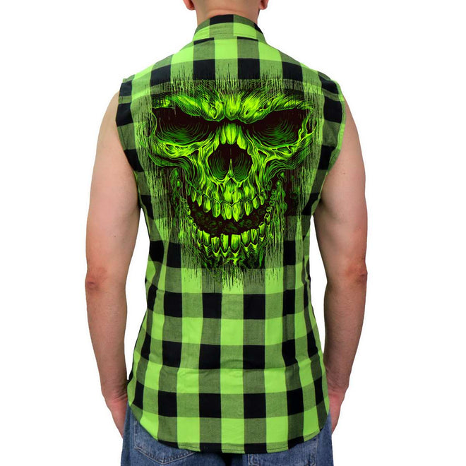 Hot Leathers men's black and green shredder skull sleeveless flannel shirt, casual textile clothing with bold graphic design.