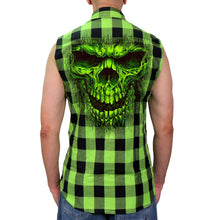 Hot Leathers GMS3492 Menâ€™s Black and Green Shredder Skull Sleeveles Flannel Shirt