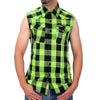 Men's black and green shredder skull sleeveless flannel shirt by Hot Leathers, featuring bold skull graphics and classic flannel style.