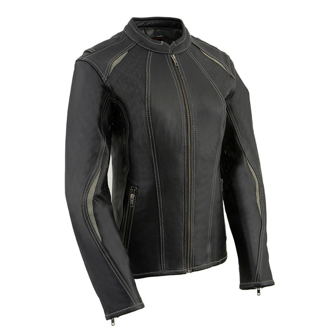 Milwaukee Leather women's distressed black and grey laser cut scuba style racer jacket, casual and stylish women's jacket.