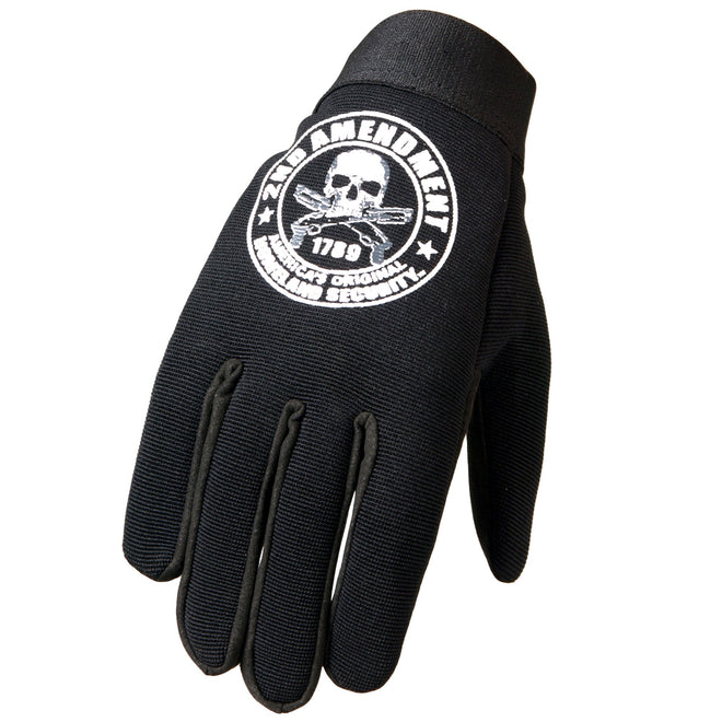 Hot Leathers GVM2013 2nd Amendment mechanics gloves with American flag design, durable leather construction, and secure wrist closure.