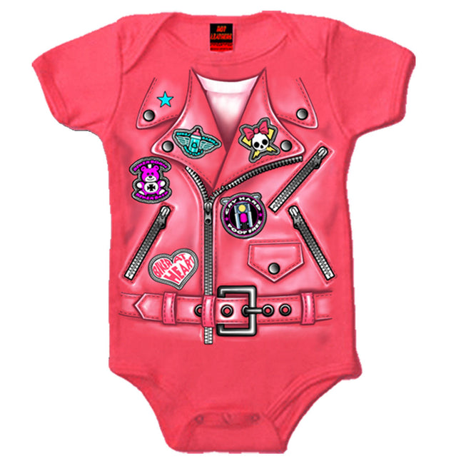 Hot Leathers girls' leather jacket baby bodysuit, stylish kids clothing with a leather look, front view showing details and branding.