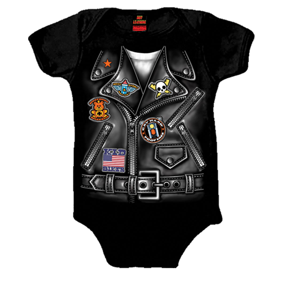 Hot Leathers boys leather jacket baby bodysuit showing front view with zipper and collar details, designed for kids clothing.