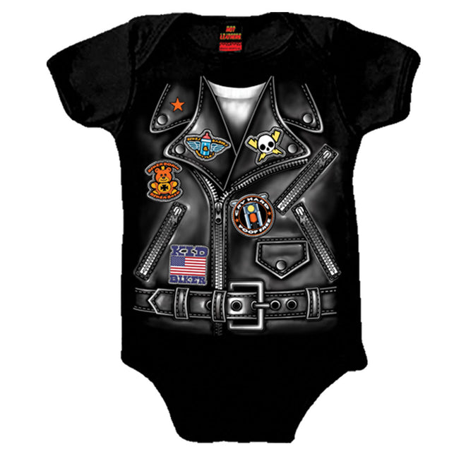 Hot Leathers boys leather jacket baby bodysuit showing front view with zipper and collar details, designed for kids clothing.