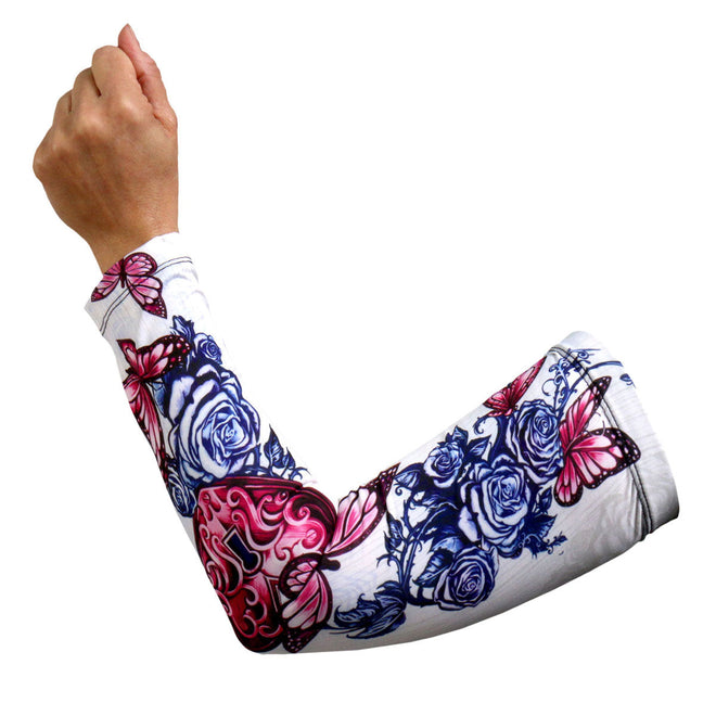 Hot Leathers Heart Lock Arm Sleeve featuring a heart lock design, made of durable material, worn on the arm as a stylish accessory.