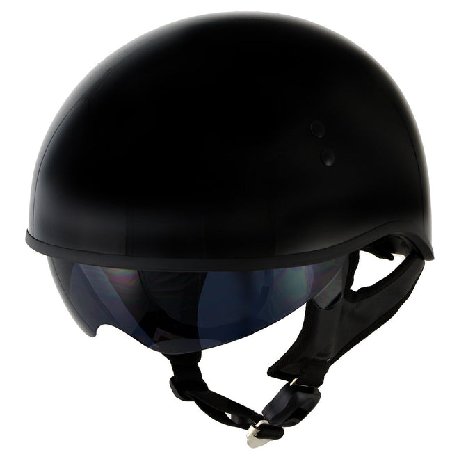 Gloss black Hot Leathers T72 'Black Widow' motorcycle half helmet with drop-down visor, designed for men and women, by HighwayLeather.