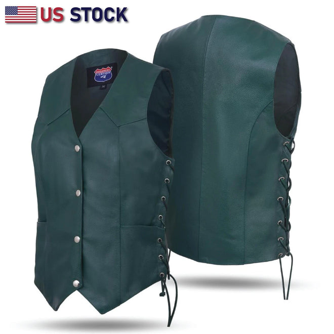 Women’s Hunter Green Leather Motorcycle Club Vest with Utility Pockets | HL14501Green