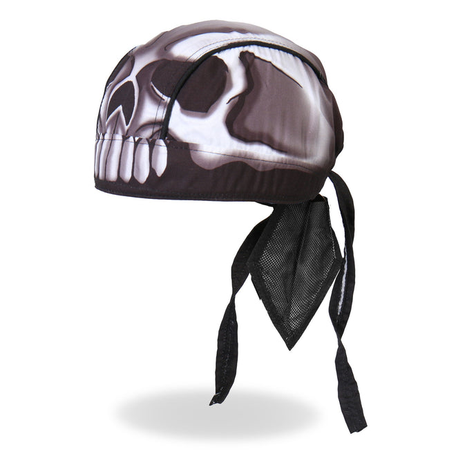 Hot Leathers Skull Headwrap from DOO RAGS collection, featuring a bold skull design in black and white, worn as a head accessory.