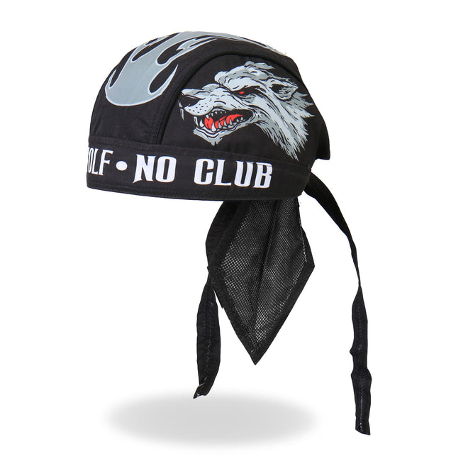 Hot Leathers Lone Wolf Headwrap from DOO RAGS collection featuring a bold wolf design in black and grey.