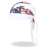 White Hot Leathers American Bike Headwrap DOO RAGS with bold black and red American flag design, lightweight and comfortable for riding.