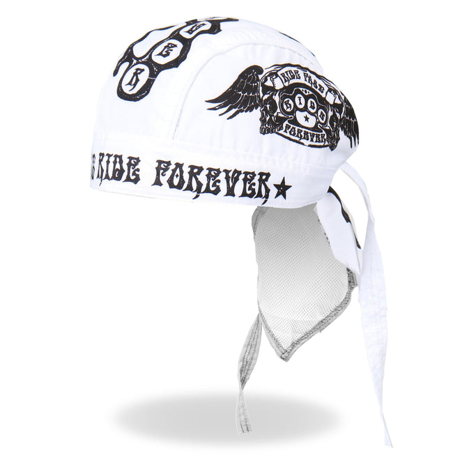 Hot Leathers Ride Fast Ride Forever DOO RAGS headwrap with bold graphic design, black fabric, and colorful logo print.