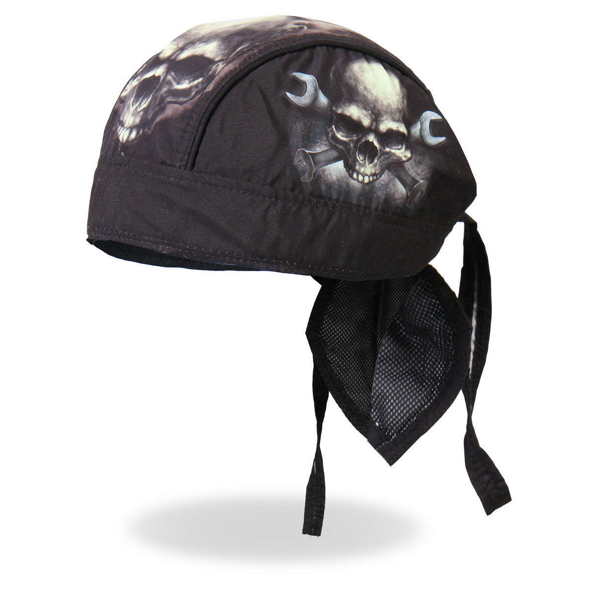 Hot Leathers Skull and Wrench Bones DOO RAGS headwrap featuring a skull and wrench design in black and white.