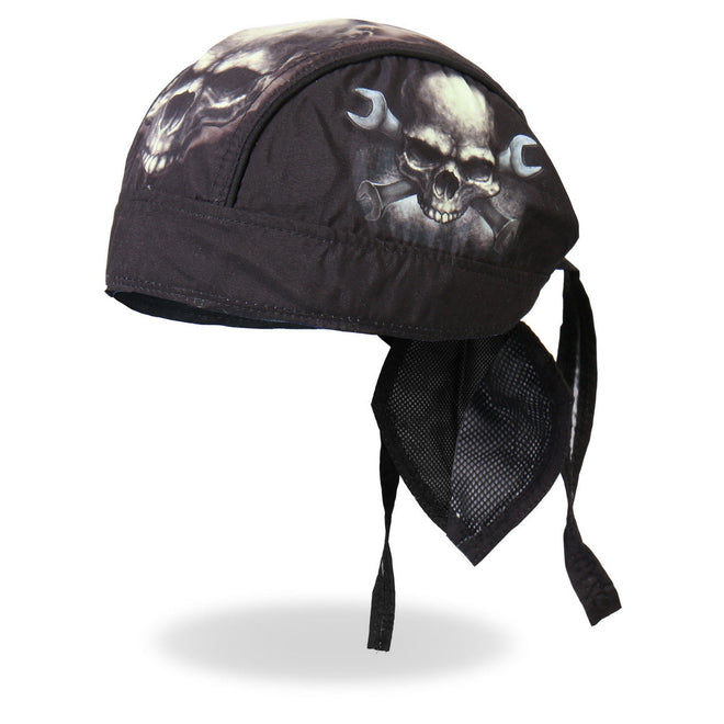 Hot Leathers Skull and Wrench Bones DOO RAGS headwrap featuring a skull and wrench design in black and white.