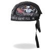 Hot Leathers Never Forgotten DOO RAGS headwrap with patriotic design, featuring bold colors and symbols honoring service members.