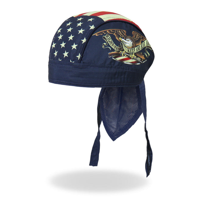 Hot Leathers Keep and Bear Arms DOO RAGS headwrap featuring bold flag and firearm design in black and gray colors.