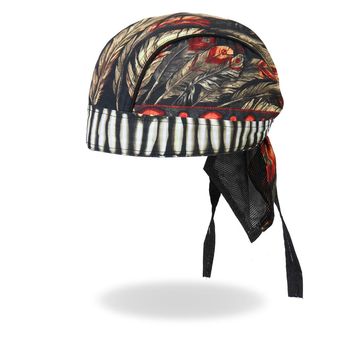 Hot Leathers Native American Headdress premium headwrap, DOO RAGS brand, featuring colorful feathers and traditional design.