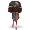 Hot Leathers HWH1099 Flag Bullets DOO RAGS headwrap with patriotic flag and bullet design, worn as a stylish motorcycle accessory.