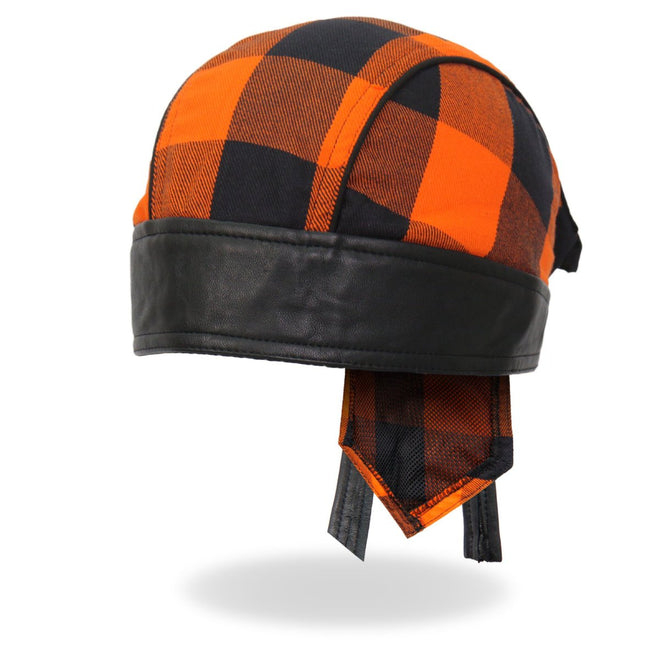 Hot Leathers Doo Rags HWH1109 orange buffalo plaid headwrap with bold pattern and comfortable fit, designed for style and protection.