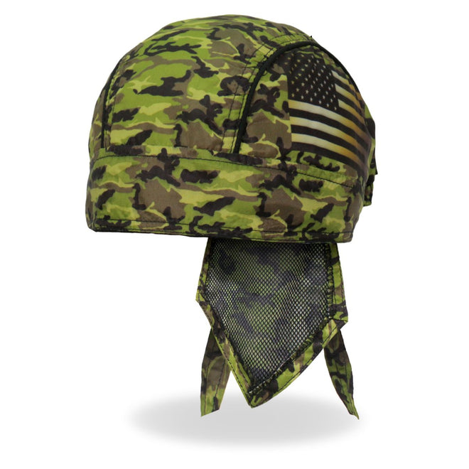 Hot Leathers Camo Flag Headwrap from the DOO RAGS collection, featuring a bold camo and flag design.