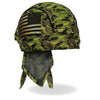 Hot Leathers Camo Flag Headwrap, DOO RAGS style, featuring green camo pattern with American flag design, worn as a headwrap.