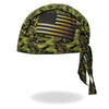 Hot Leathers DOO RAGS camo flag headwrap featuring bold camouflage and American flag design, styled as a versatile headwrap.
