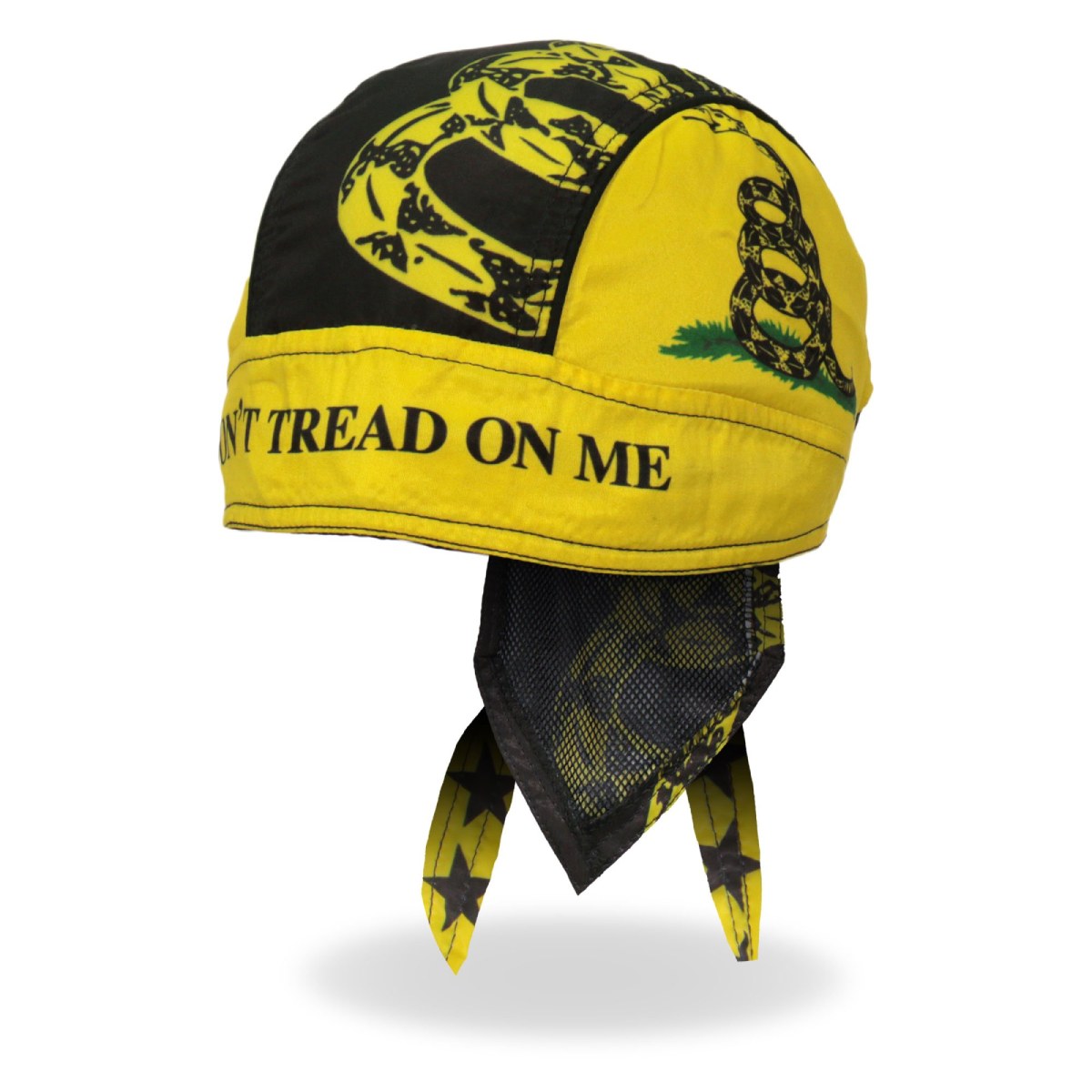 Hot Leathers Don't Tread On Me DOO RAGS headwrap with black and yellow design, featuring the coiled snake logo on a fabric head covering.