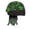 Hot Leathers DOO RAGS HWH1114 Over the Top Skulls green headwrap with skull and tribal design, made for motorcycle enthusiasts.